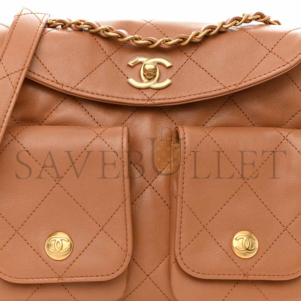 CHANEL SHINY CALFSKIN QUILTED SUPPLE TWINS SMAL HOBO BAG BROWN (24.5*19*5cm) 